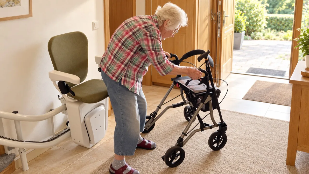 Eine ältere Frau steht neben einem Sitzlift und greift die Griffe ihres Rollators.